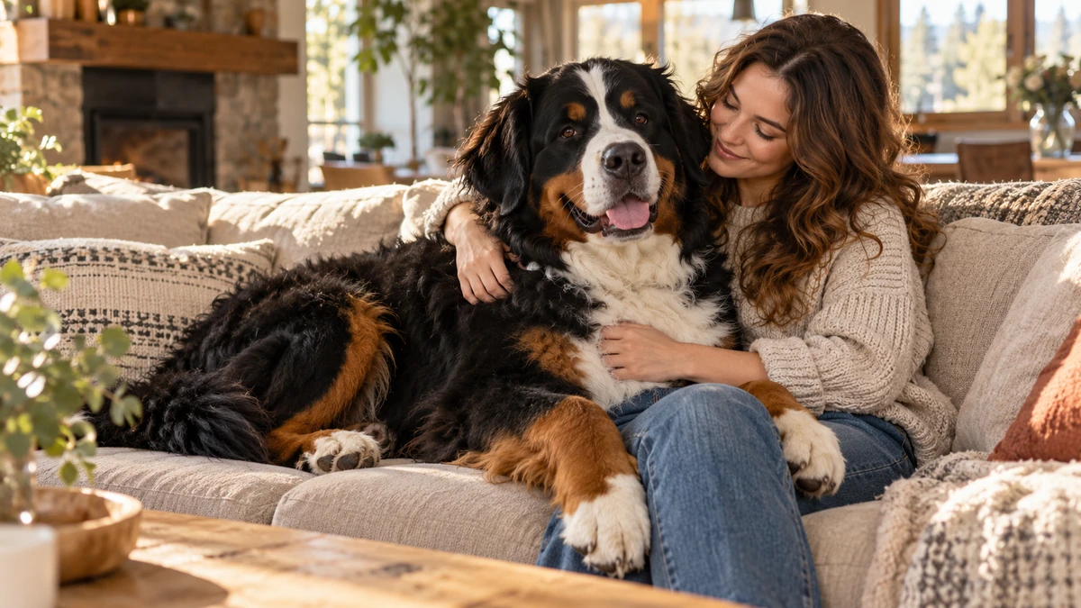 Bernese Dağ Köpeği köpek — sahibinin kucağında