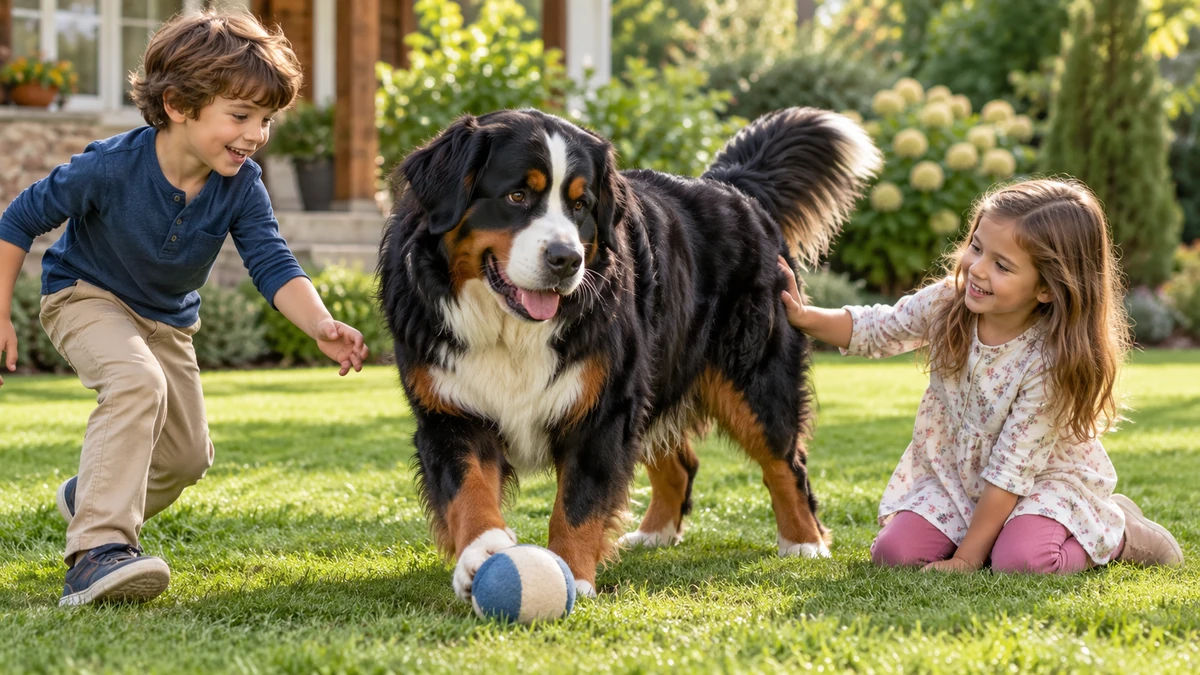 Bernese Dağ Köpeği köpek — çocuklarla oyun