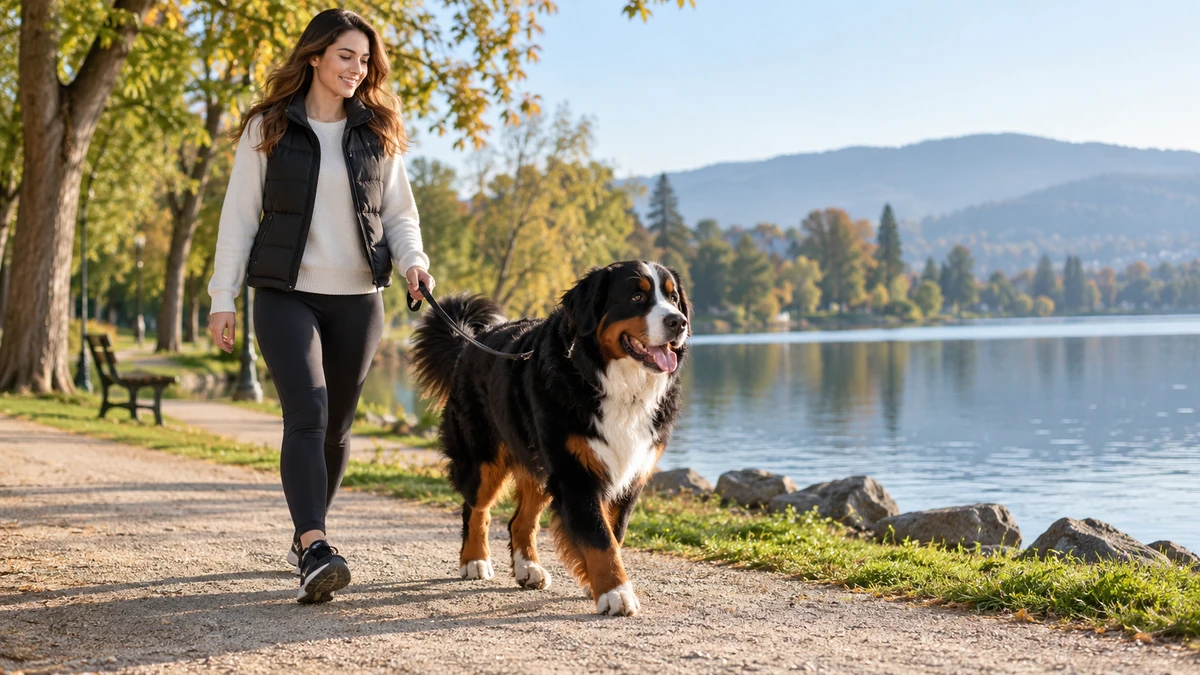 Bernese Dağ Köpeği köpek — parkta yürüyüş ve egzersiz